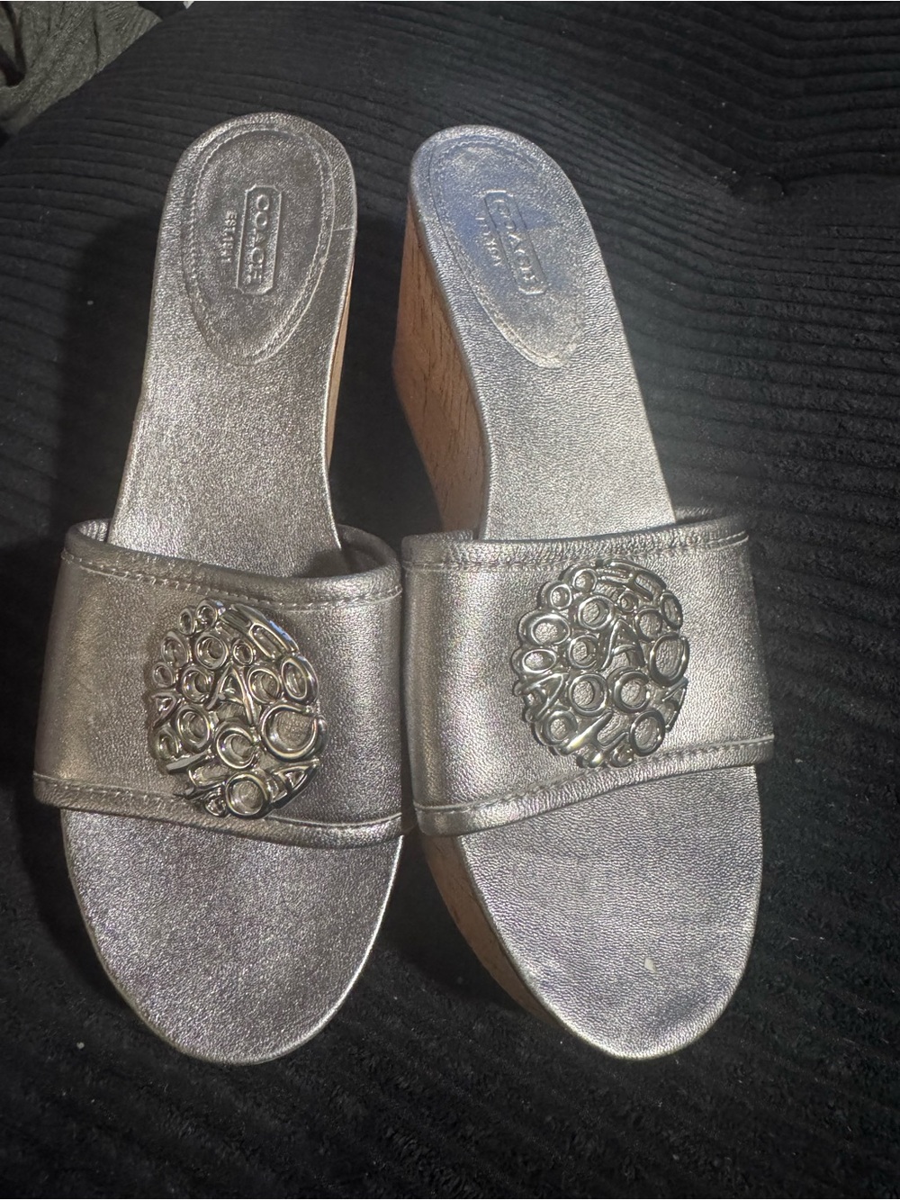 vintage Coach Judith metallic silver leather cork platform wedge sandal 9.5